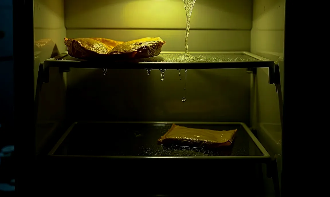 Prateleiras de geladeira sem energia, com água escorrendo e embalagens de comida descongelando