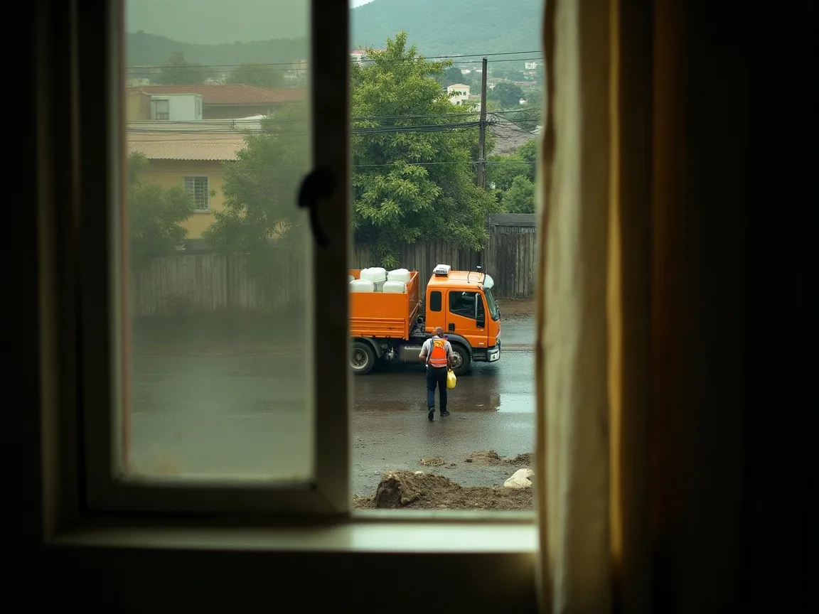 Vista de dentro de uma janela escura para a rua, onde um caminhão laranja descarrega galões de água