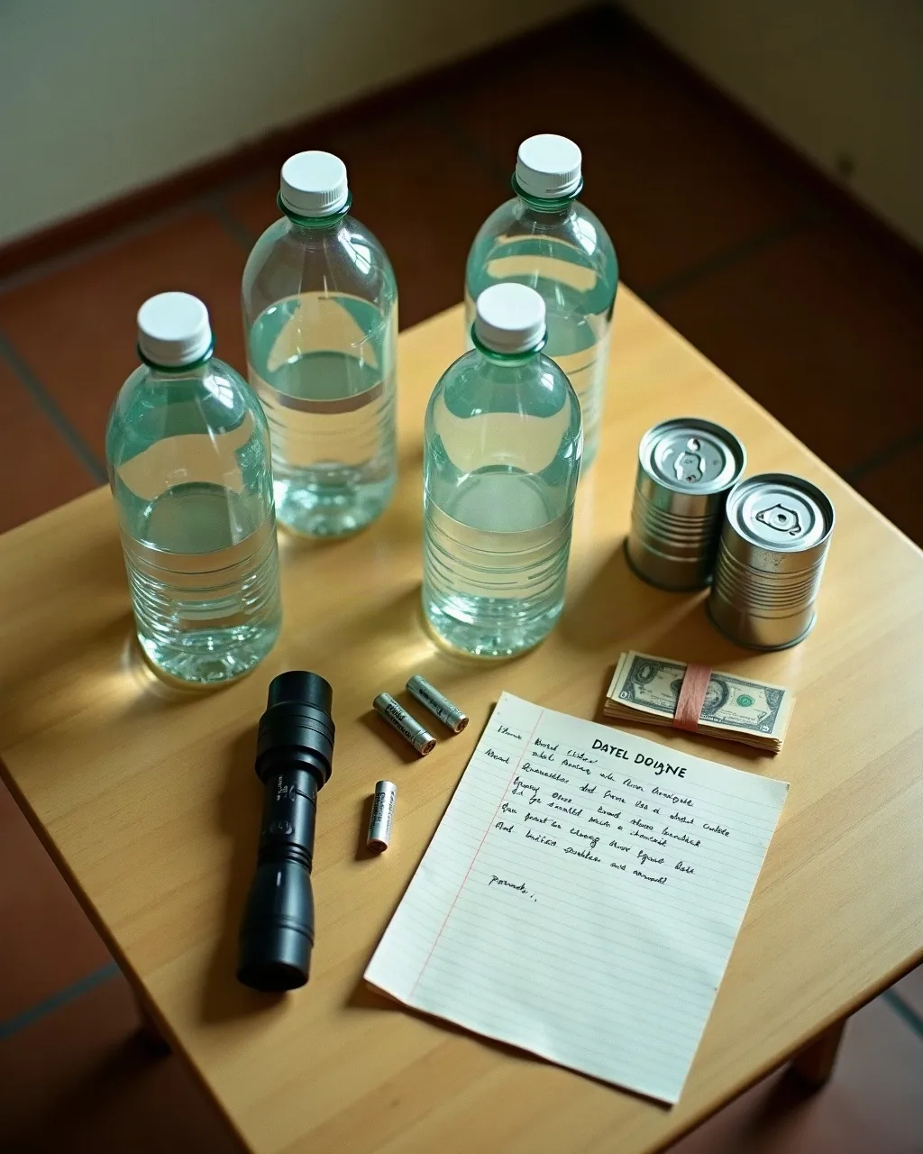 Vista de cima de uma mesa com garrafas de água limpa, latas de comida, lanterna com pilhas, um papel escrito à mão e notas de dinheiro