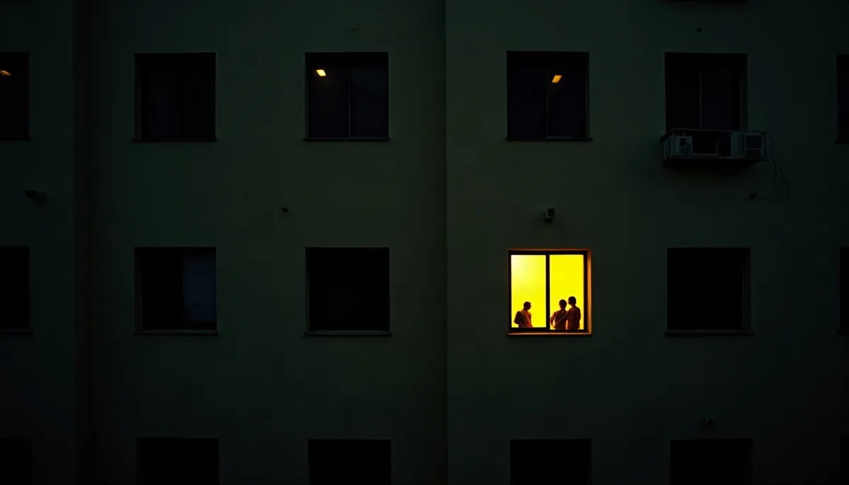 Fachada de prédio à noite durante um apagão, com uma única janela acesa entre todas as escuras